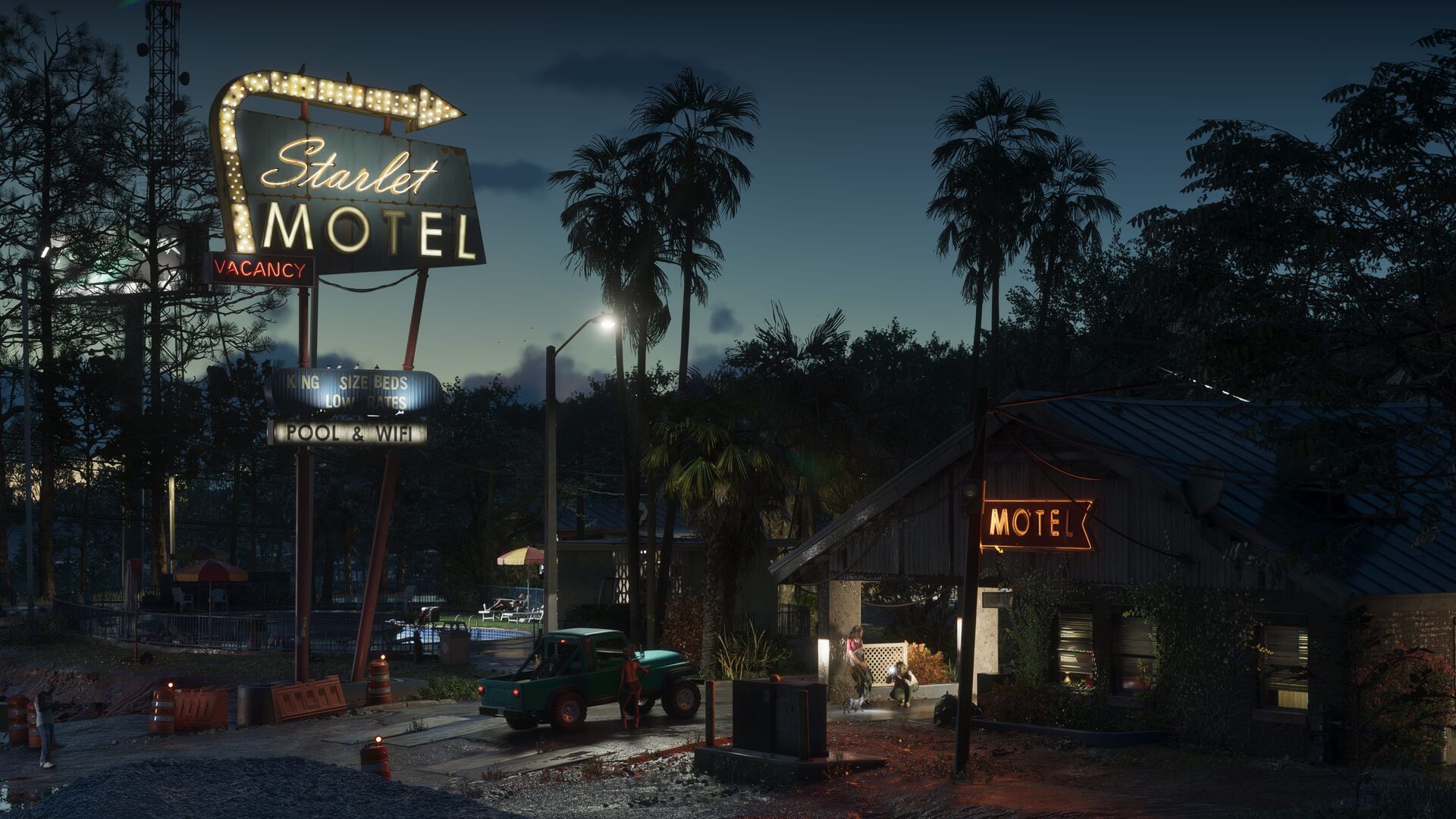 Ein heruntergekommenes Motel bei Nacht in Port Gellhorn