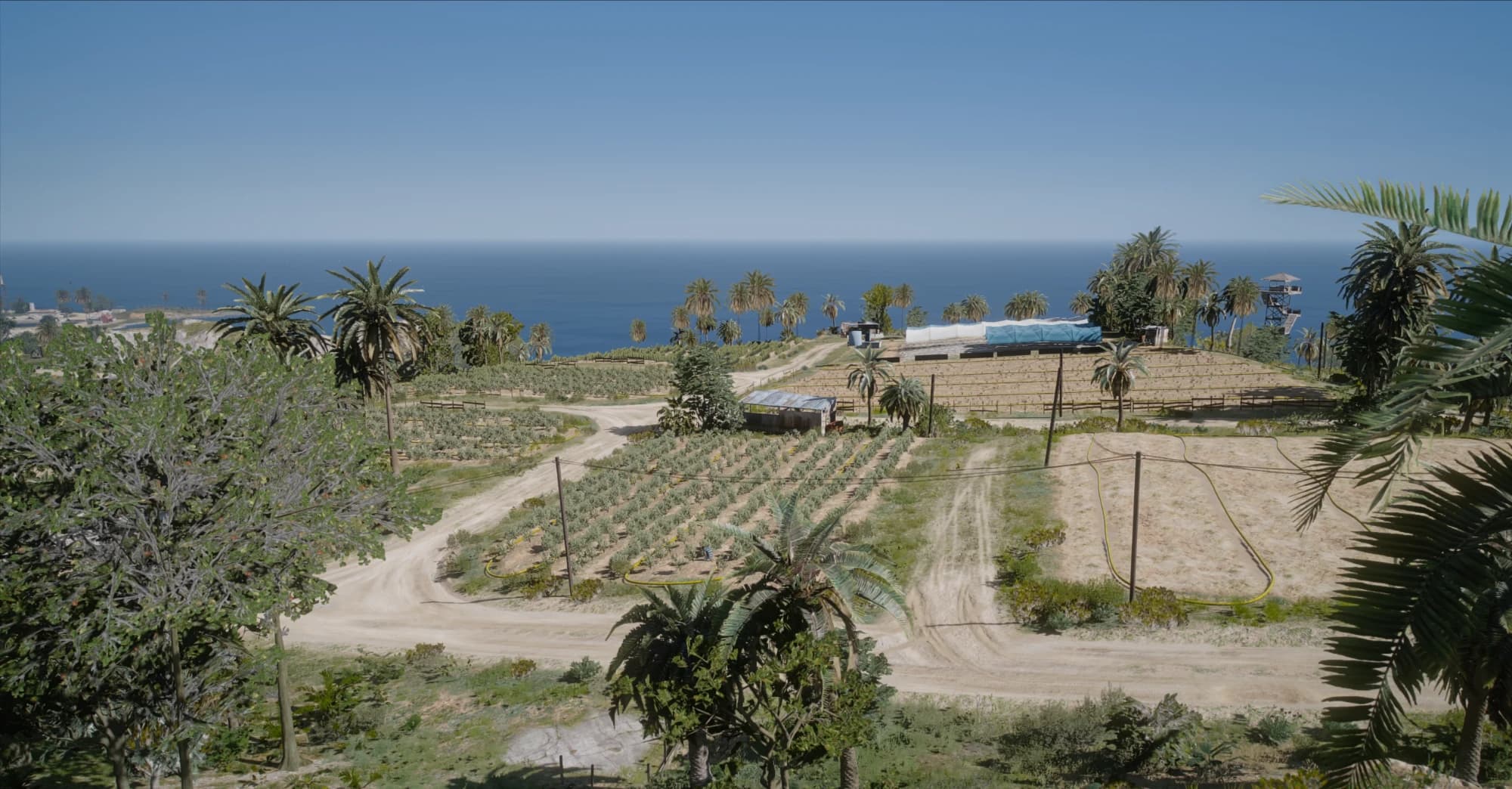 Blick über die Felder und Plantagen von Cayo Perico bis zum Meer