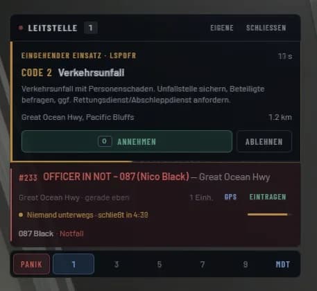 Leitstellen-Popup: eingehender Einsatz Code 2, Officer in Not, Panikknopf, Annehmen und Ablehnen