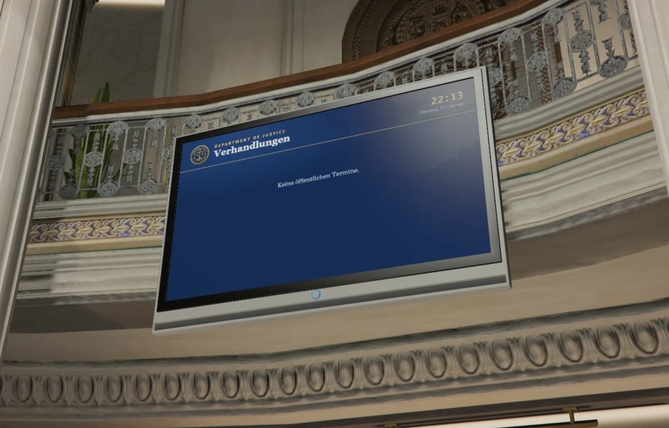 Bildschirm des Department of Justice im Gerichtsgebäude zeigt die öffentlichen Verhandlungstermine