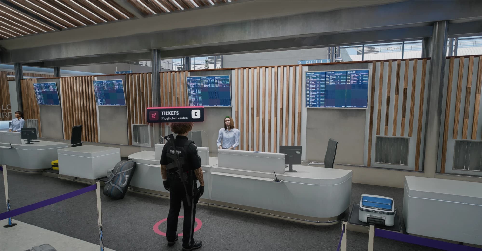 Ticketschalter im Flughafen Los Santos mit Abflugtafeln und Mitarbeiterin