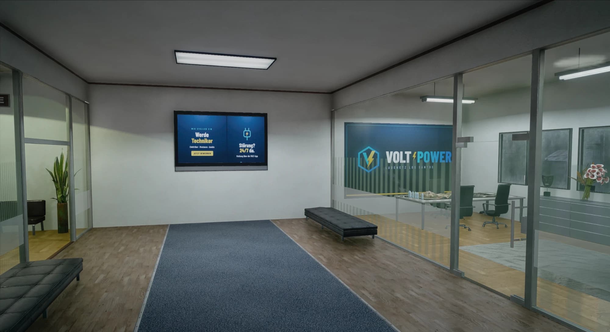 Flur der VOLT-POWER-Zentrale mit Stellenanzeige für Techniker und gläsernem Besprechungsraum